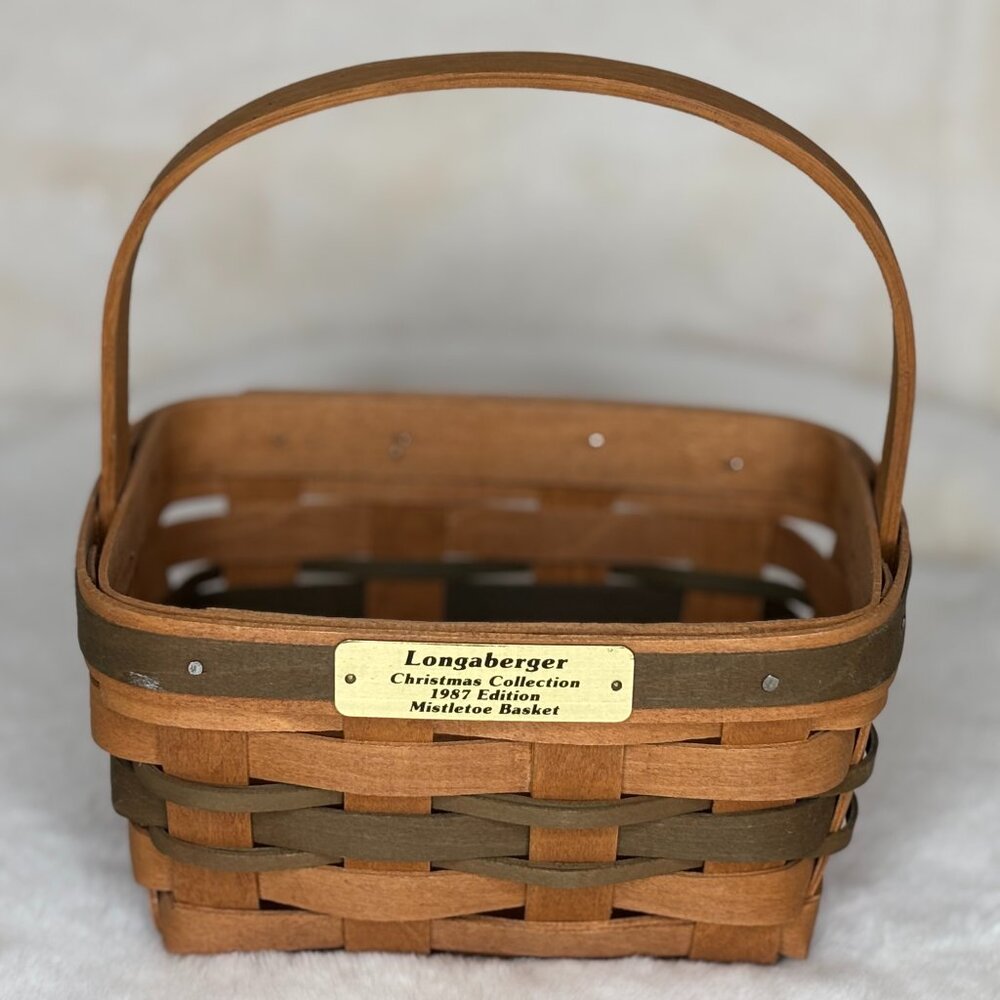 Longaberger Small Vintage 1987 Christmas Mistletoe Basket With Green Stripes